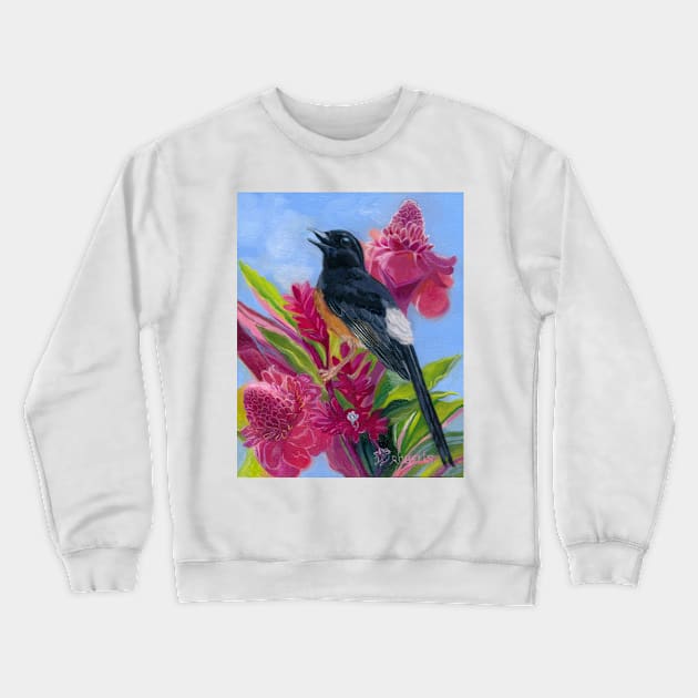 Shama Bird with Ginger Flowers Crewneck Sweatshirt by wendyroberts